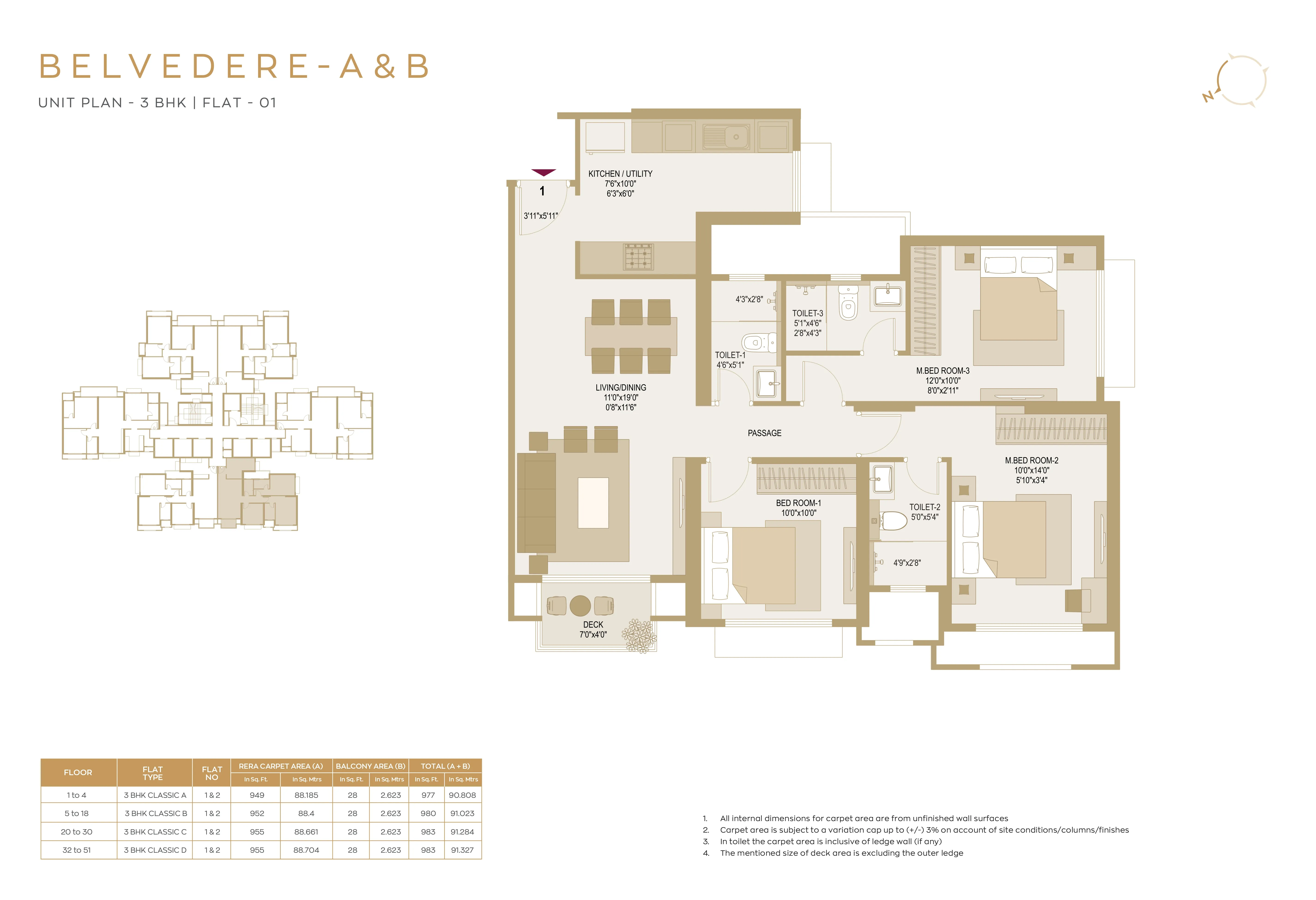3 BHK 977 floor plan